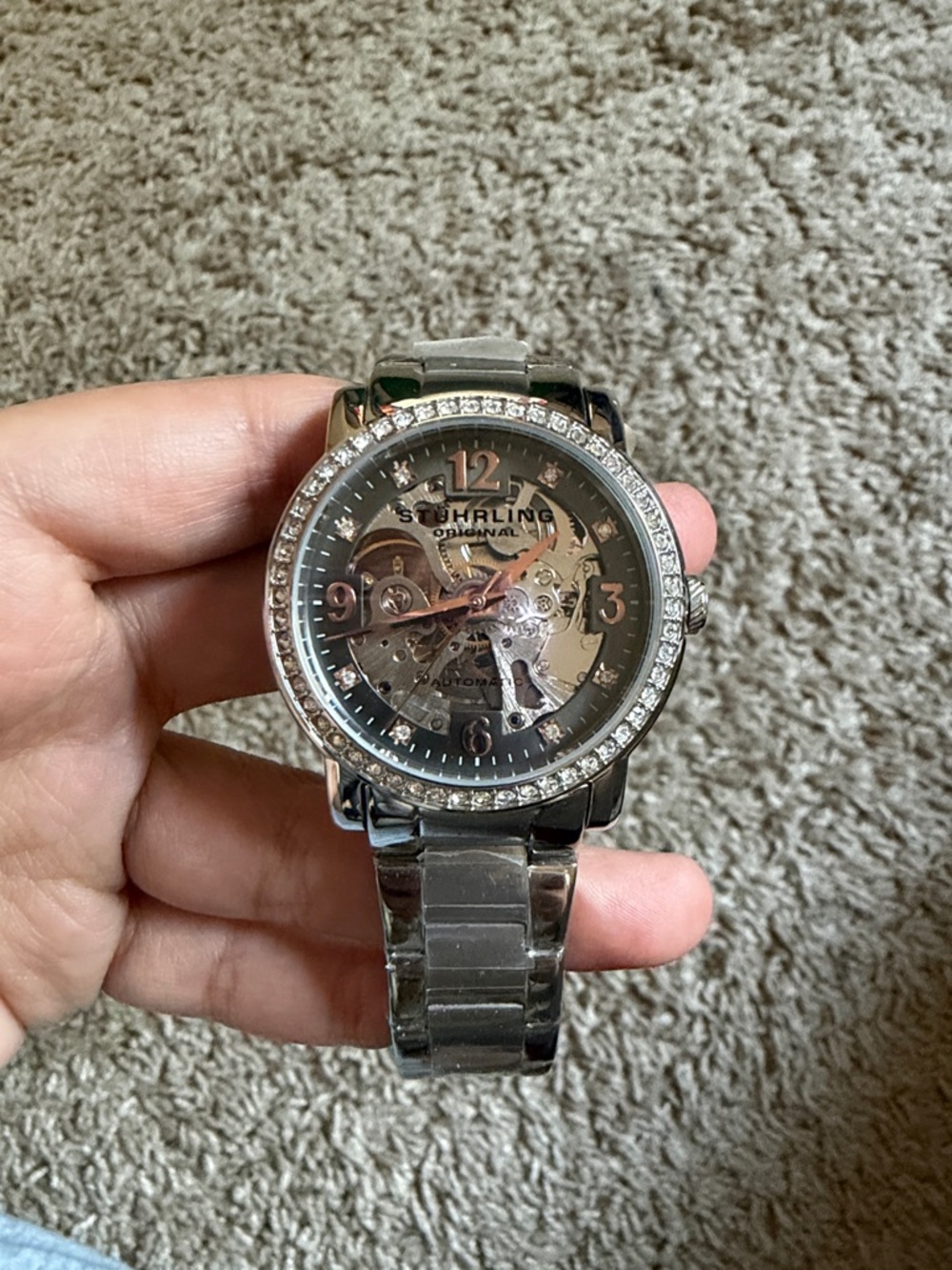 Stuhrling Original Silver-Tone Skeleton Watch with Rose Gold Accents